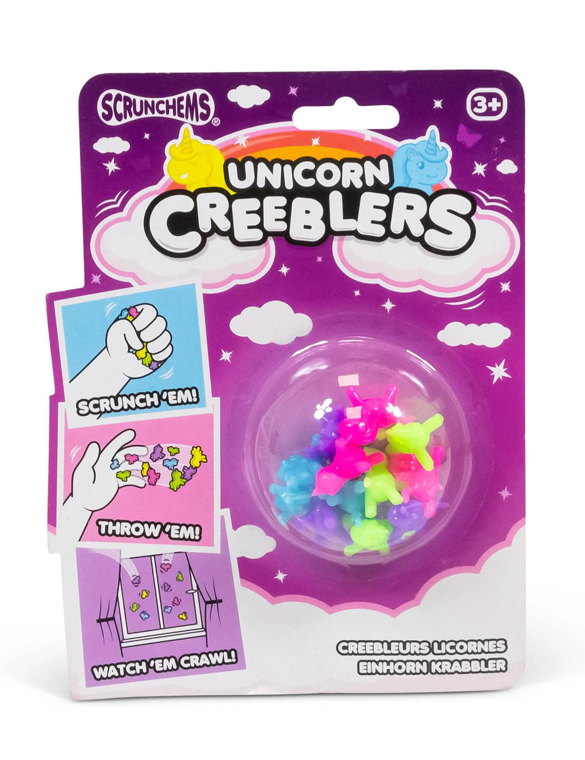 Pohled zepředu na obal lepicích jednorožčích hraček Creeblers