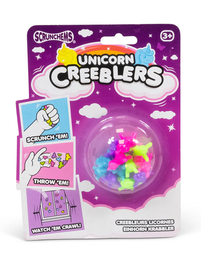 Vue de face de l'emballage des jouets licornes adhérentes Creeblers