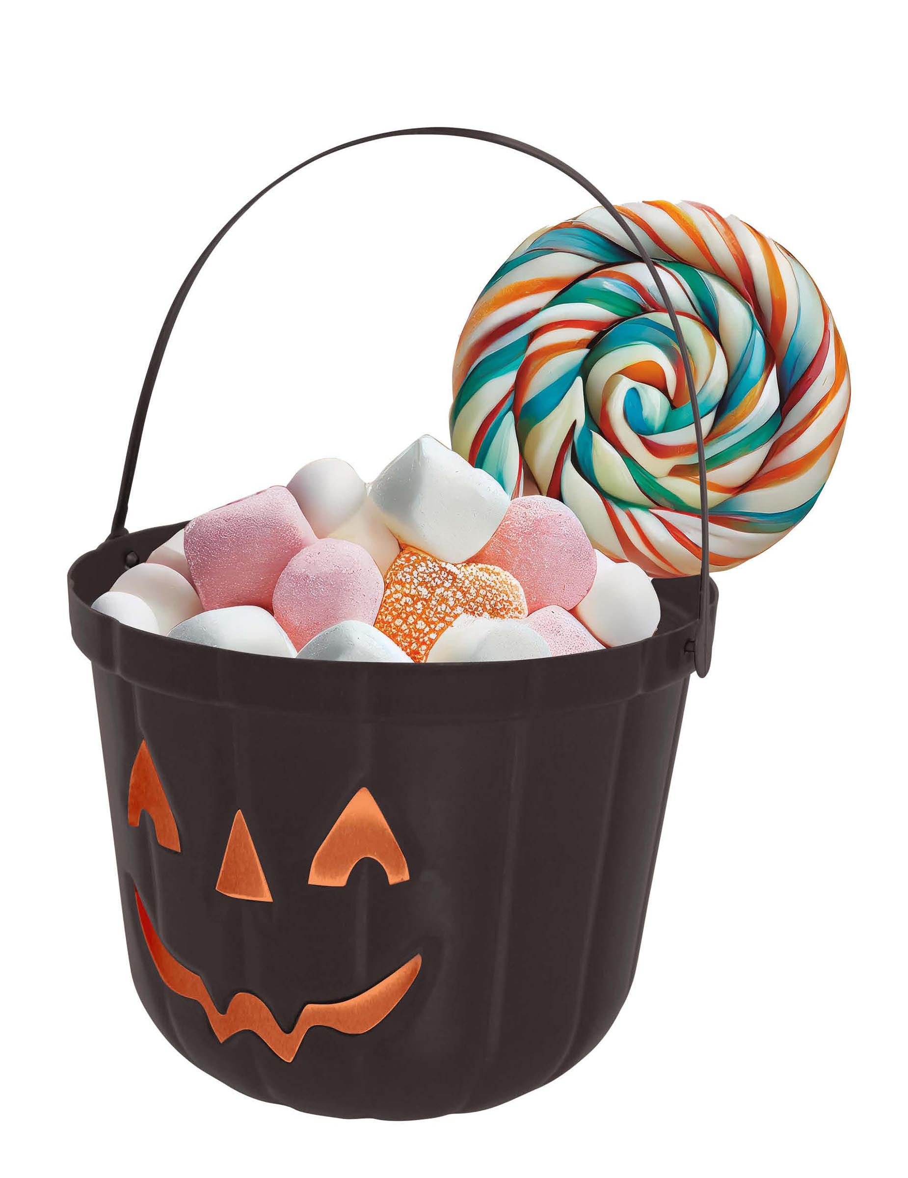 Détail des bonbons et de la sucette du seau citrouille pour enfant
