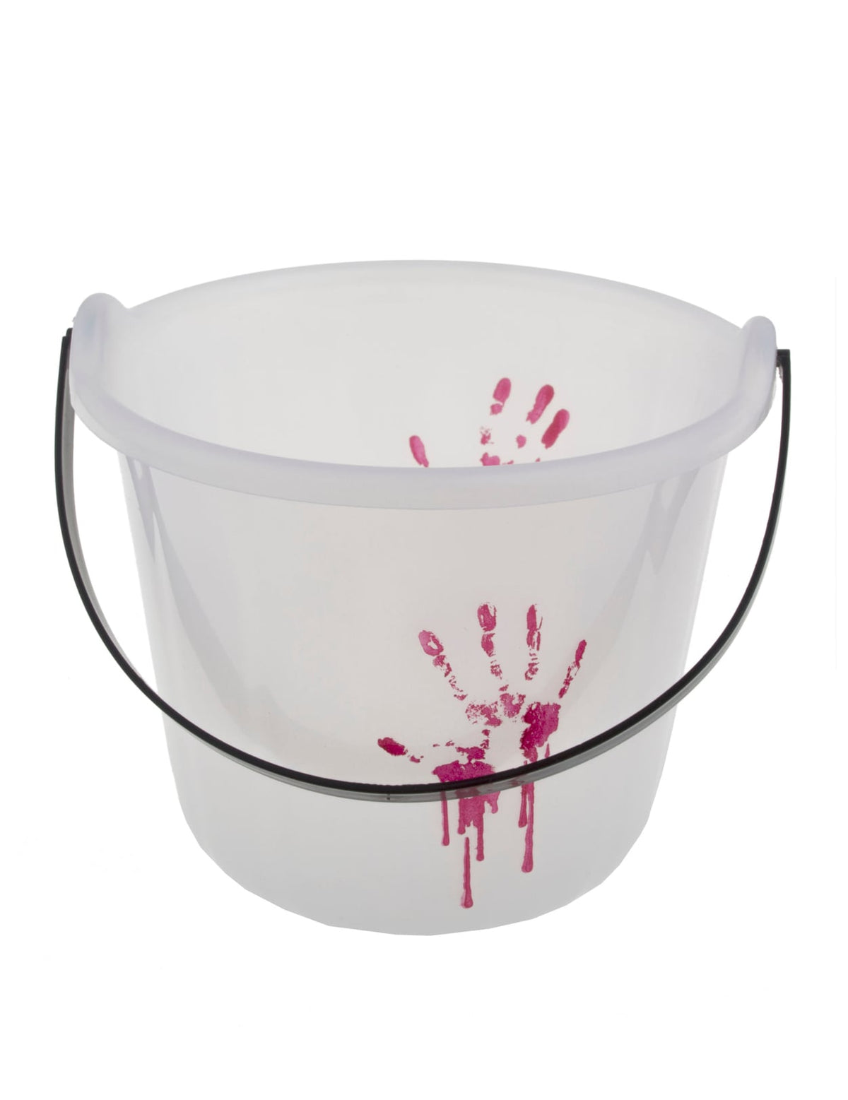 Seau Halloween ensanglanté pour enfant et adulte blanc phosphorescent avec traces de mains rouges