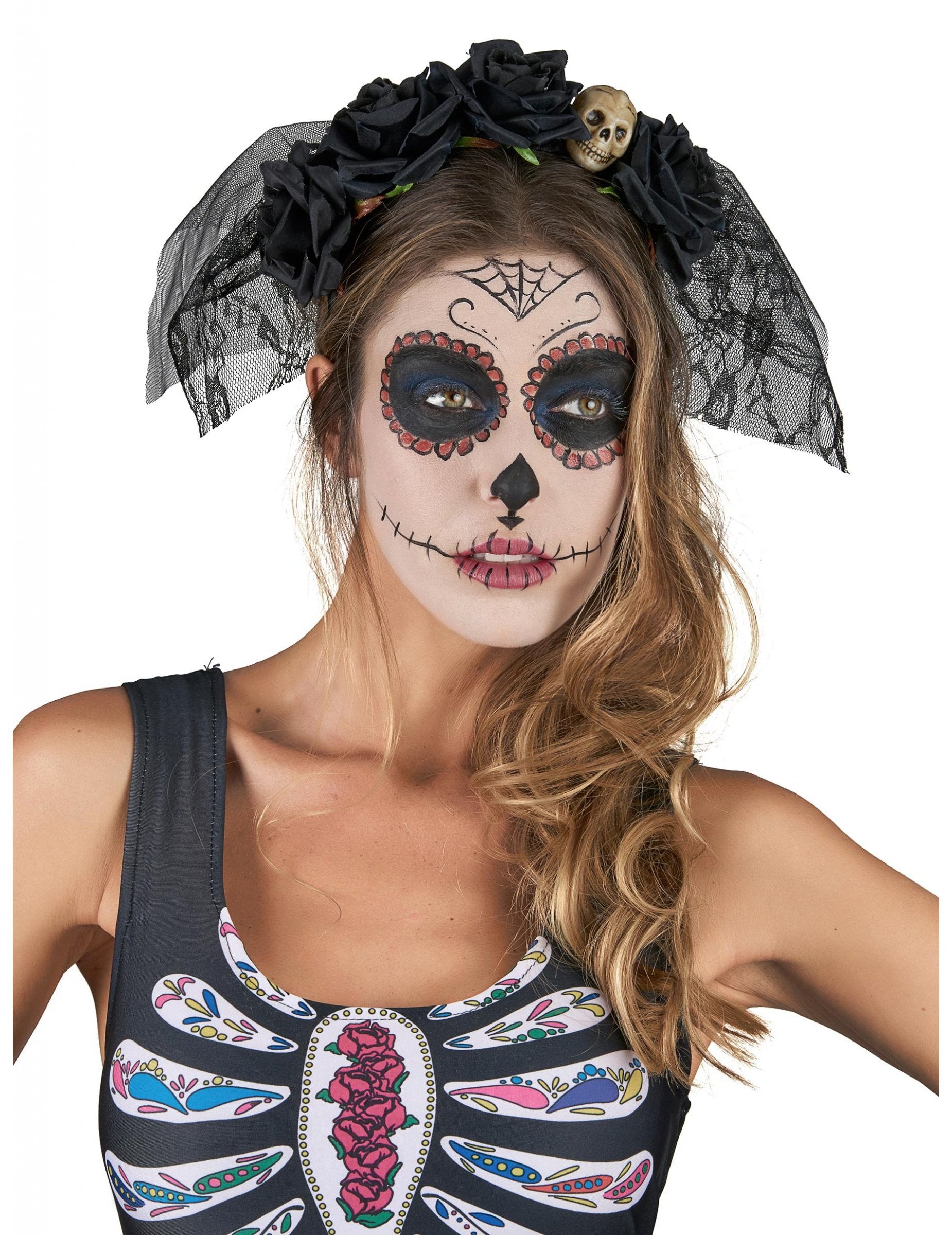 Serre-tête Dia De Los Muertos pour femme noir avec voile en dentelle