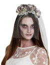 Serre-tête avec voile zombie pour femme blanc avec fleurs et têtes de mort