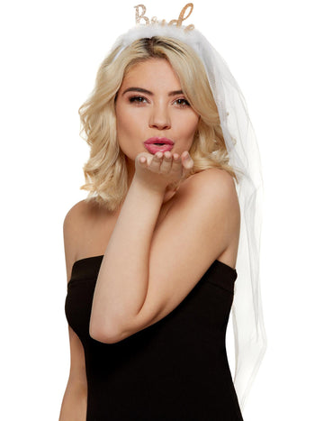 Čelenka se závojem Bride na rozlučku se svobodou pro ženy, bílá a zlatá s třpytkami