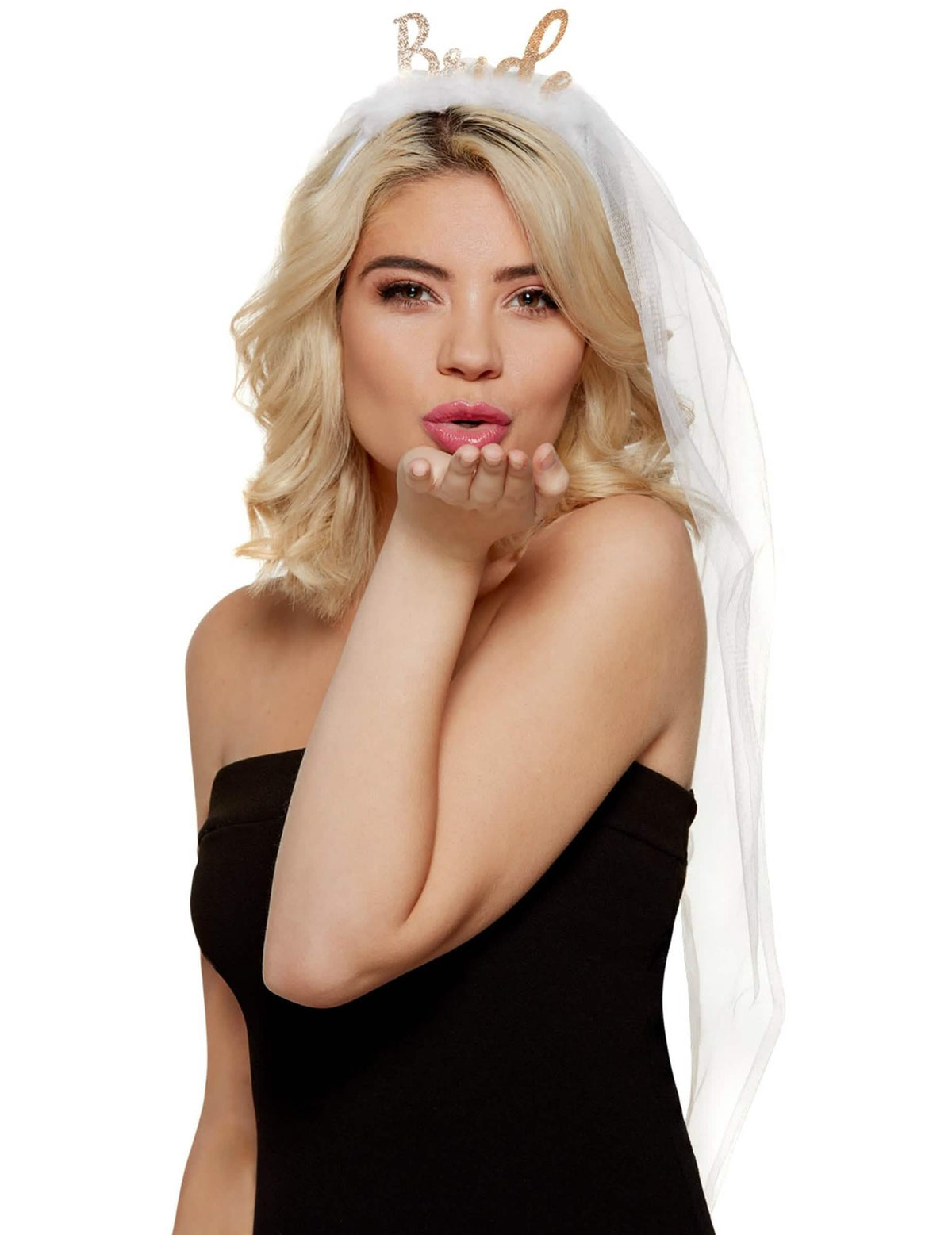 Čelenka se závojem Bride na rozlučku se svobodou pro ženu, bílá a zlatá s třpytkami