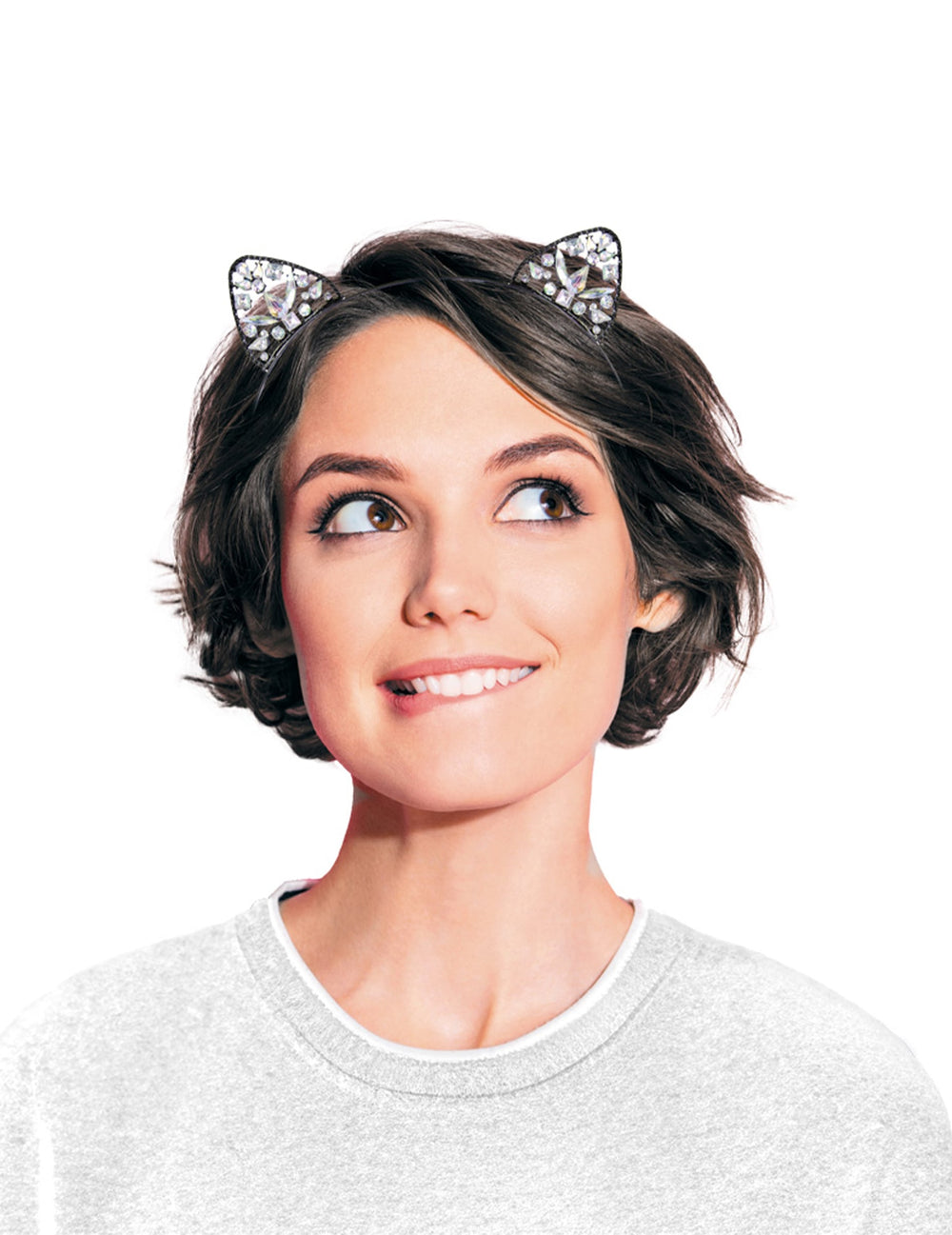 Serre-tête chat à strass luxe pour adulte argenté