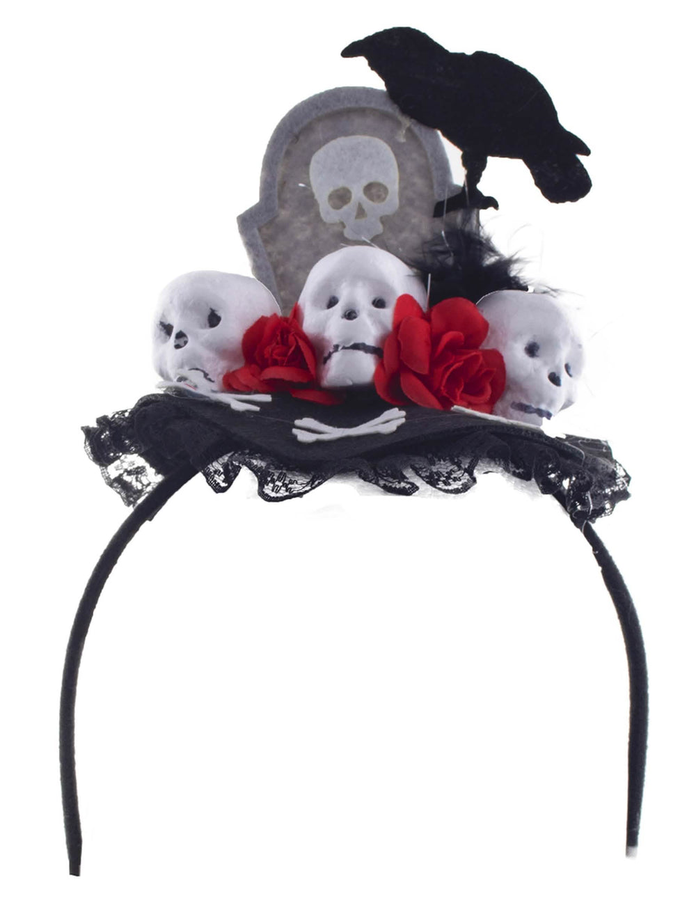 Čelenka s havranem Dia de los muertos pro ženu černá s lebkami a červenými růžemi