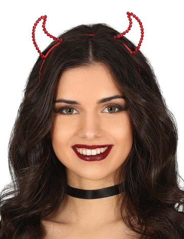 Dámská červená čelenka s kamínky a ďáblem