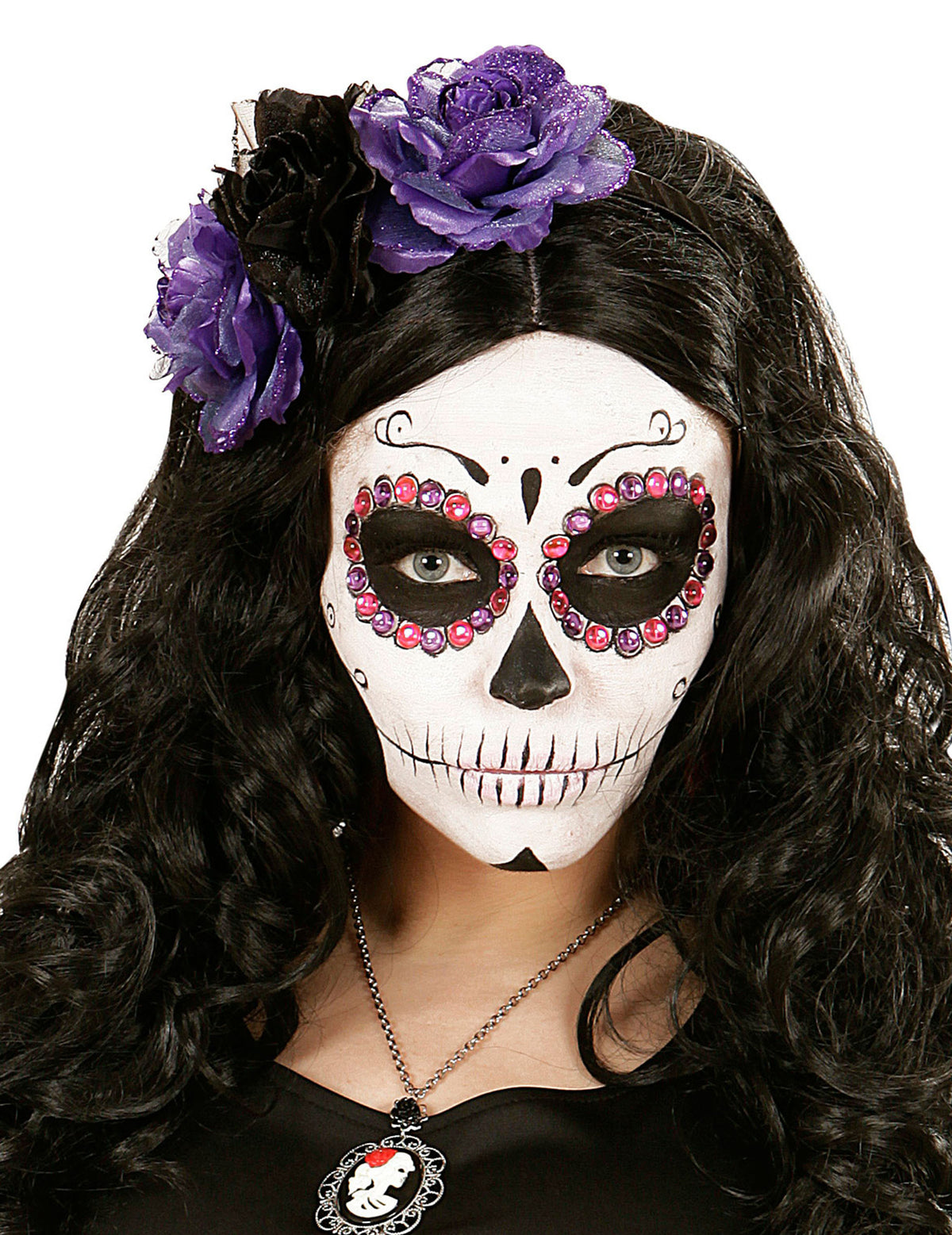 Serre-tête fleurs Dia de los muertos pour femme violettes et noires