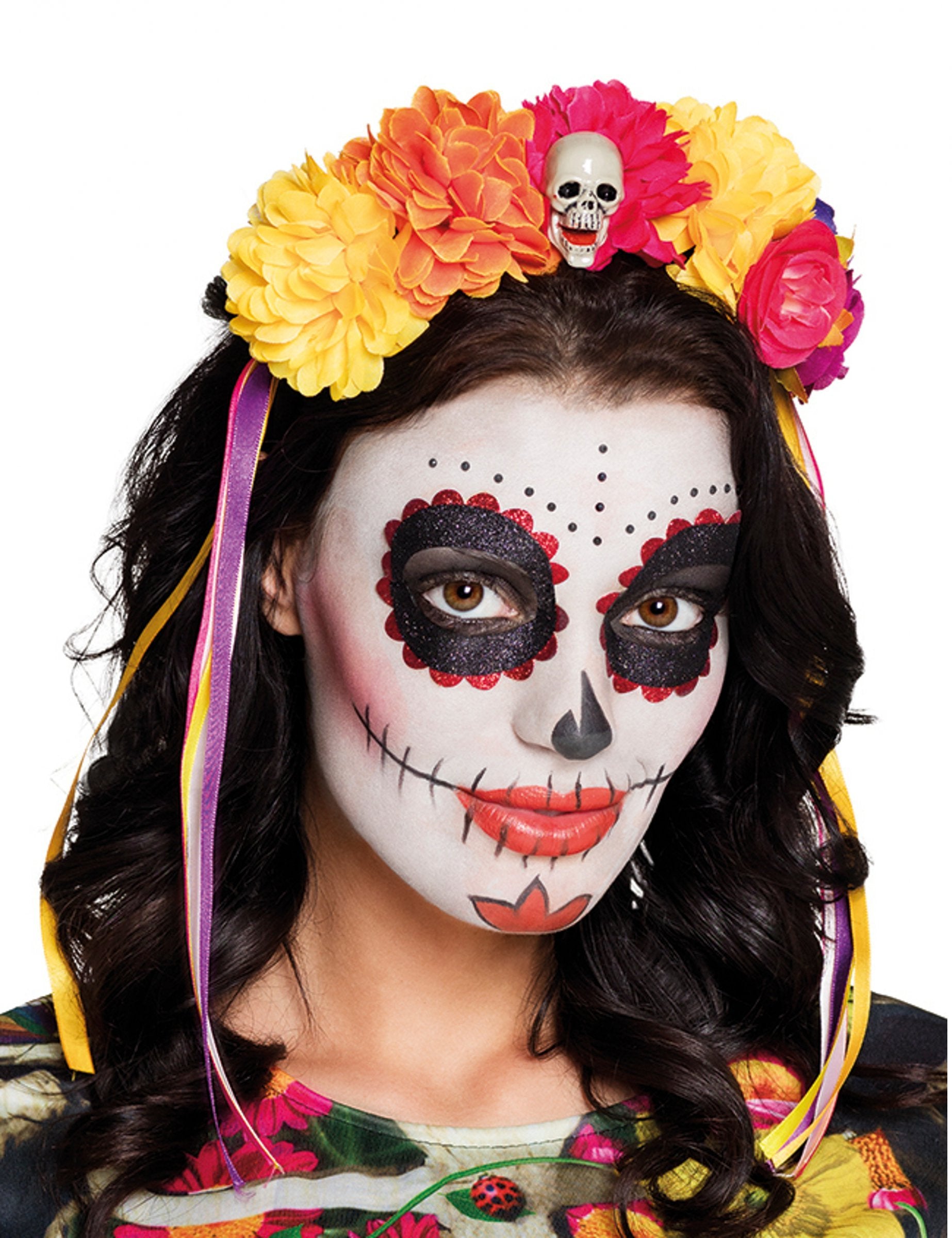 Serre-tête Dia de los muertos pour adulte à grosses fleurs multicolores et tête de mort