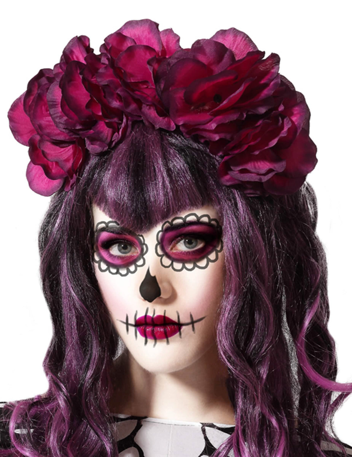 Čelenka Dia de los muertos pro ženu s velkými růžovými květy