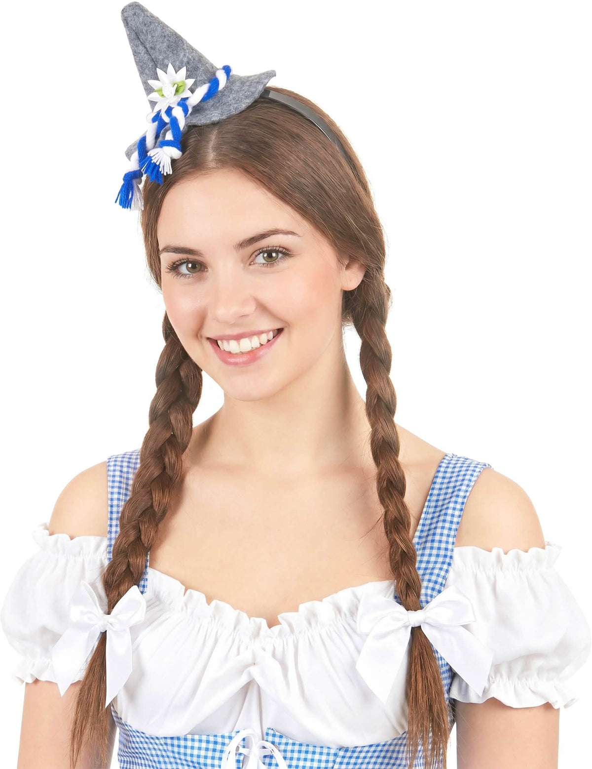 Čelenka s mini bavorským kloboučkem pro dospělý šedá s modro-bílou šňůrkou a květina edelweiss