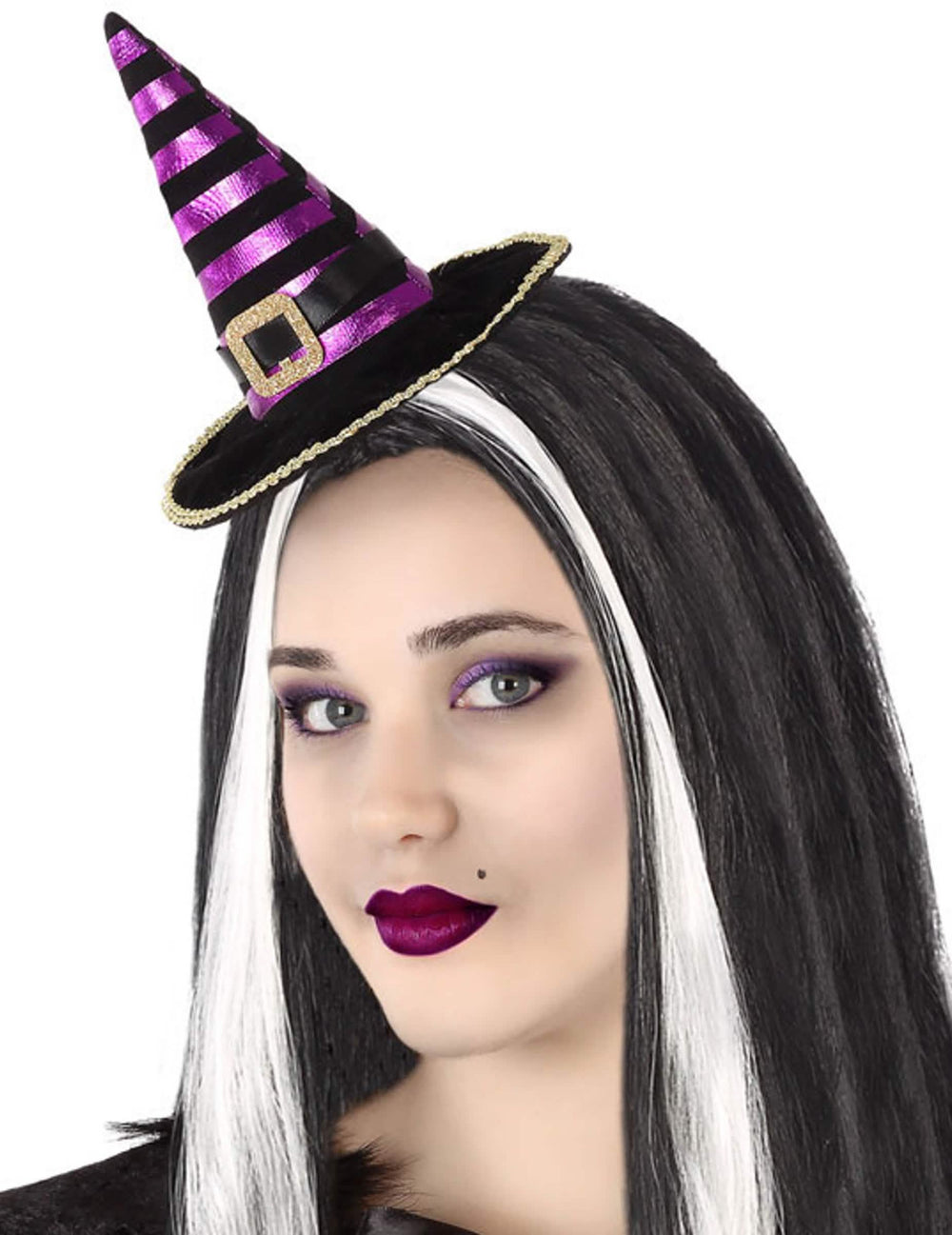 Čelenka s mini kloboučkem čarodějnice pro dospělý pruhovaná černá a fialová