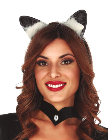 Serre-tête oreilles de chat pour adulte noir et blanc