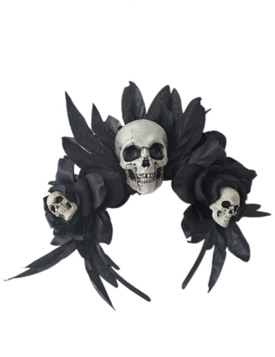Serre-tête roses noires et crânes pour adulte noir et blanc
