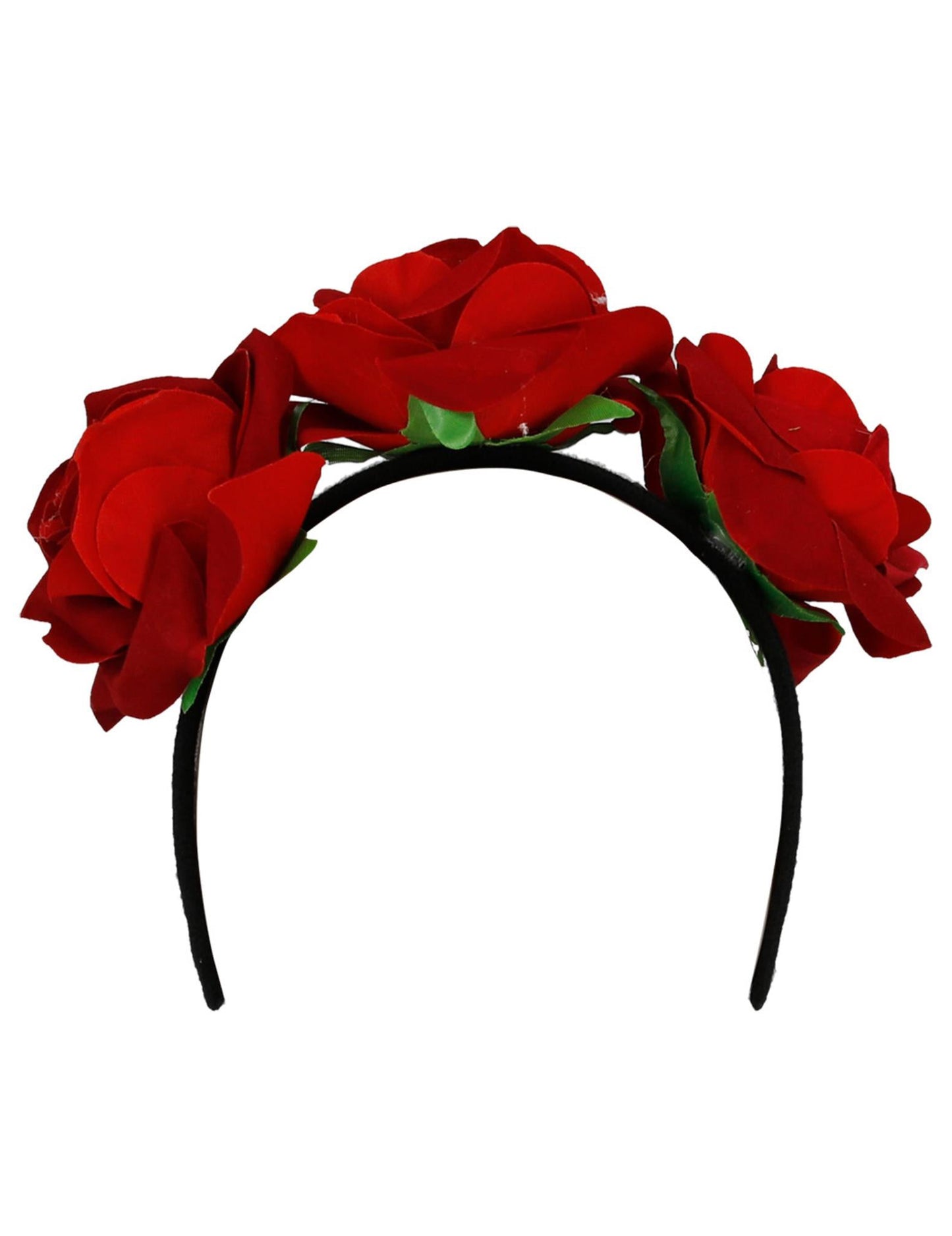 Pohled zepředu na růžový čelenka s červenými růžemi pro dospělé