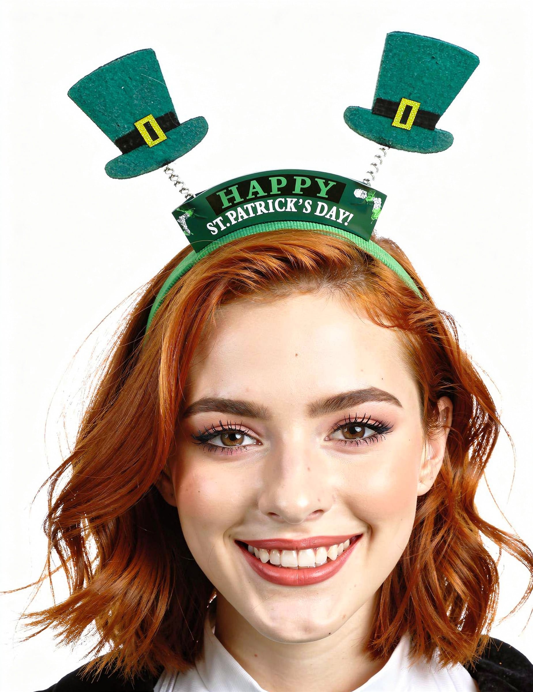 Serre-tête St Patrick's day pour adulte vert avec mini chapeaux haut-de-forme et message