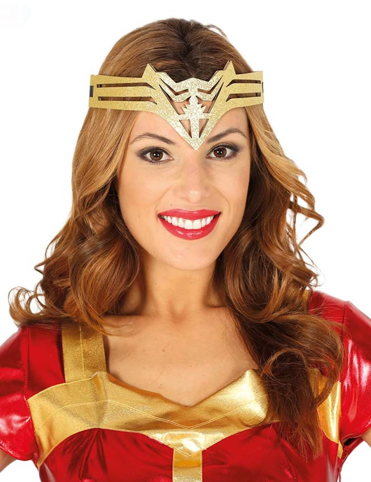 Čelenka superhrdinky pro ženu zlatá a třpytivá