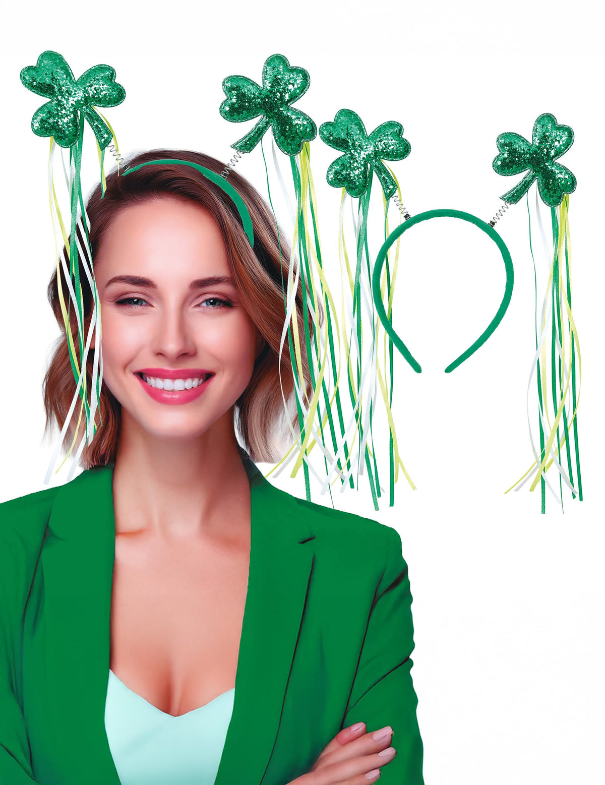 Serre-tête trèfles avec rubans St Patrick pour femme vert à paillettes