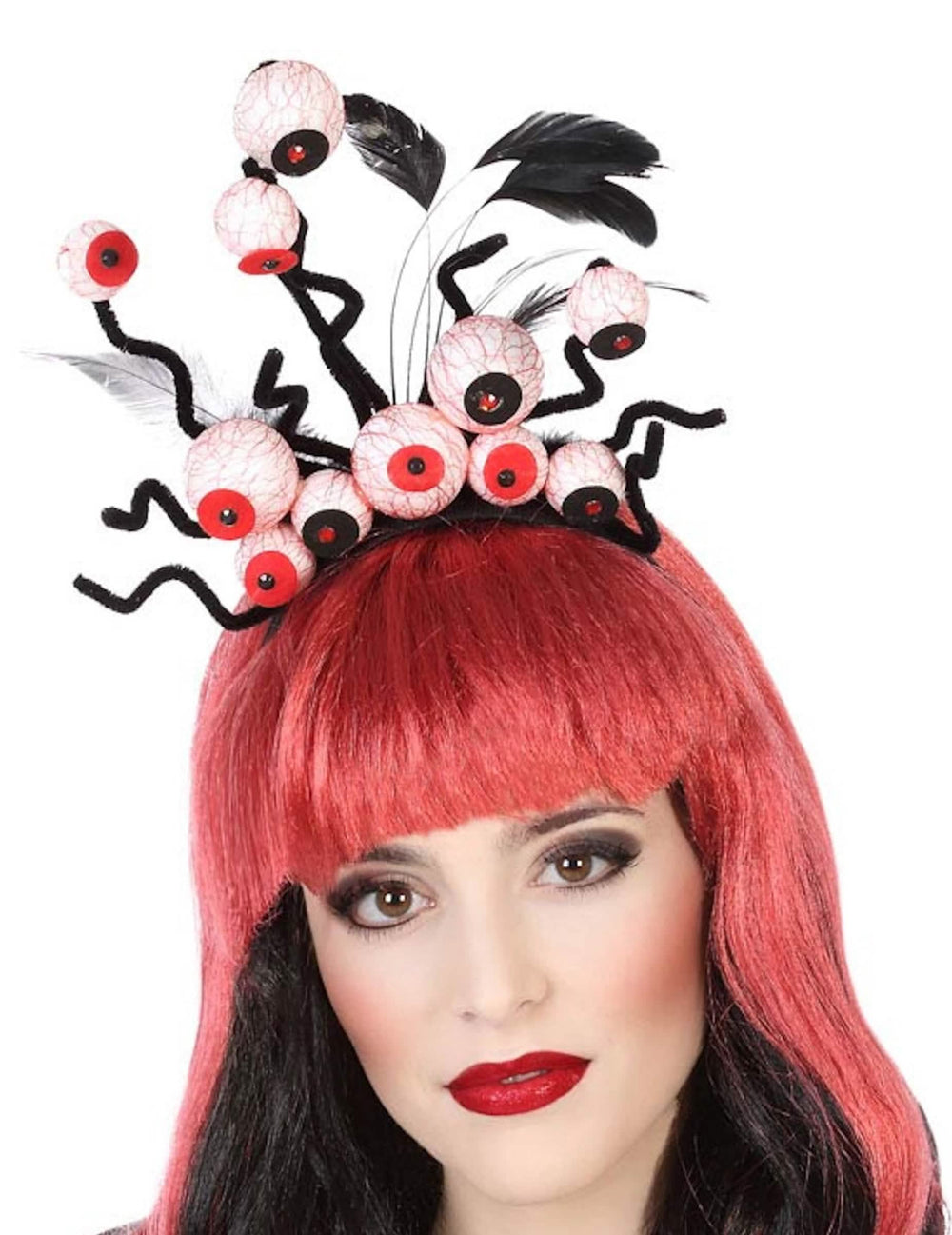 Čelenka s očima na halloween pro dospělý černá s krvácejícími očními bulvami a černými peřími