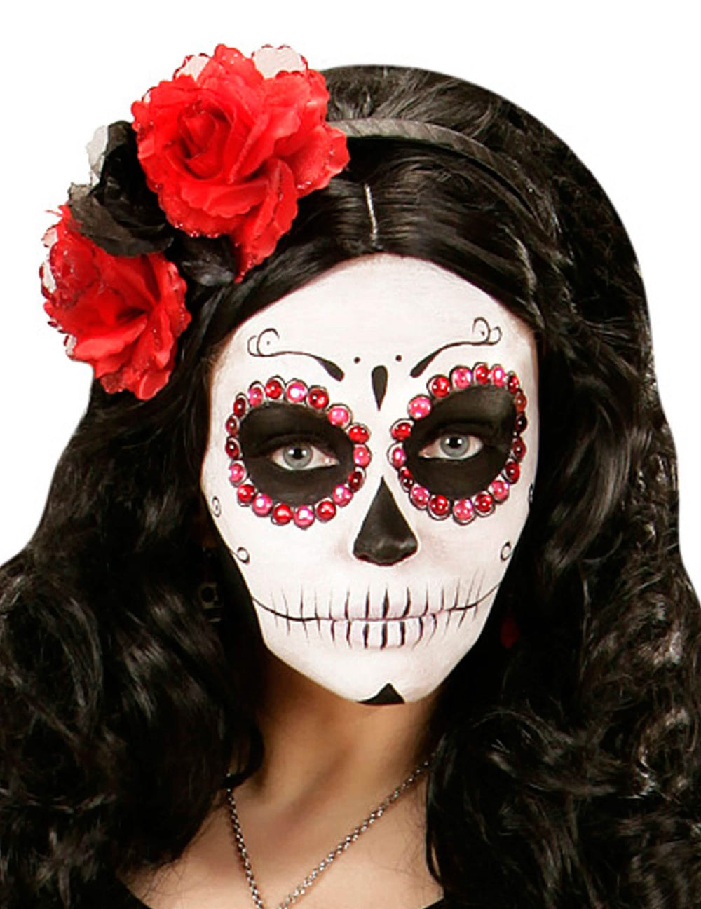 Čelenka Dia de los muertos pro ženu s červenými a černými květinami