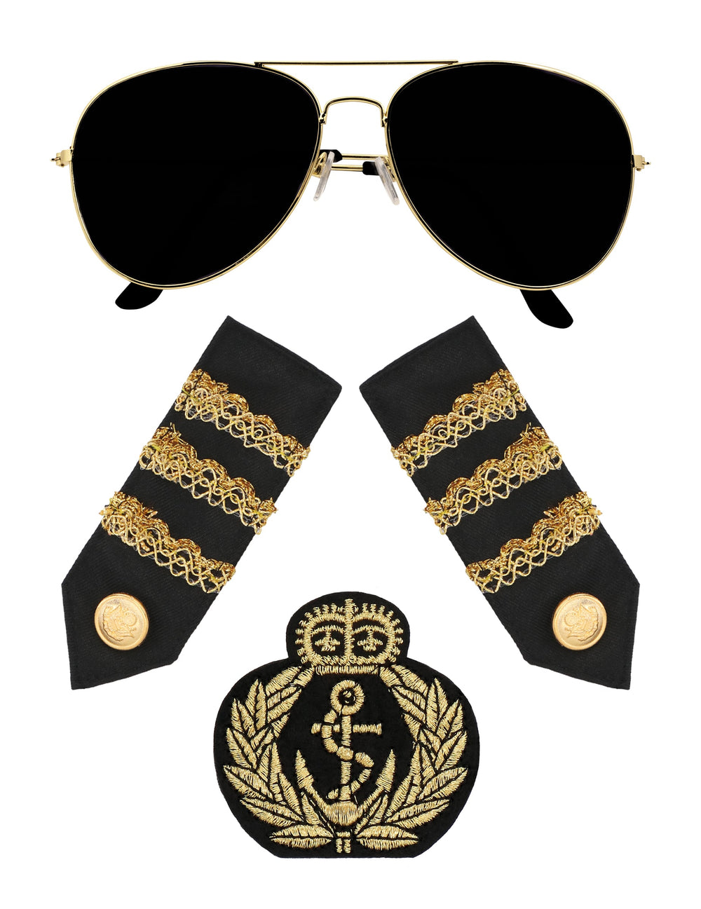 Vue d'ensemble des composants du set accessoires capitaine pour adulte