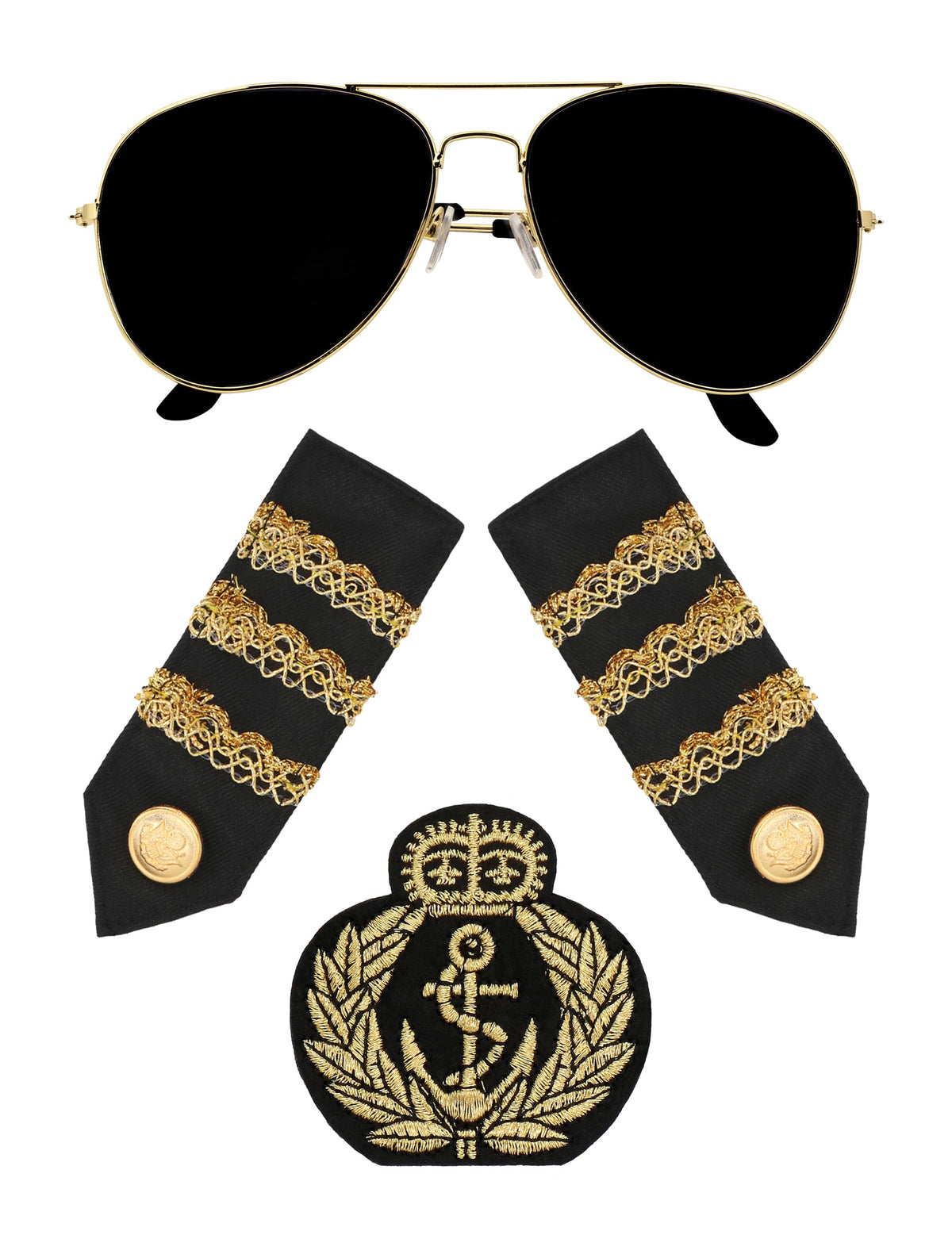 Vue d'ensemble des composants du set accessoires capitaine pour adulte