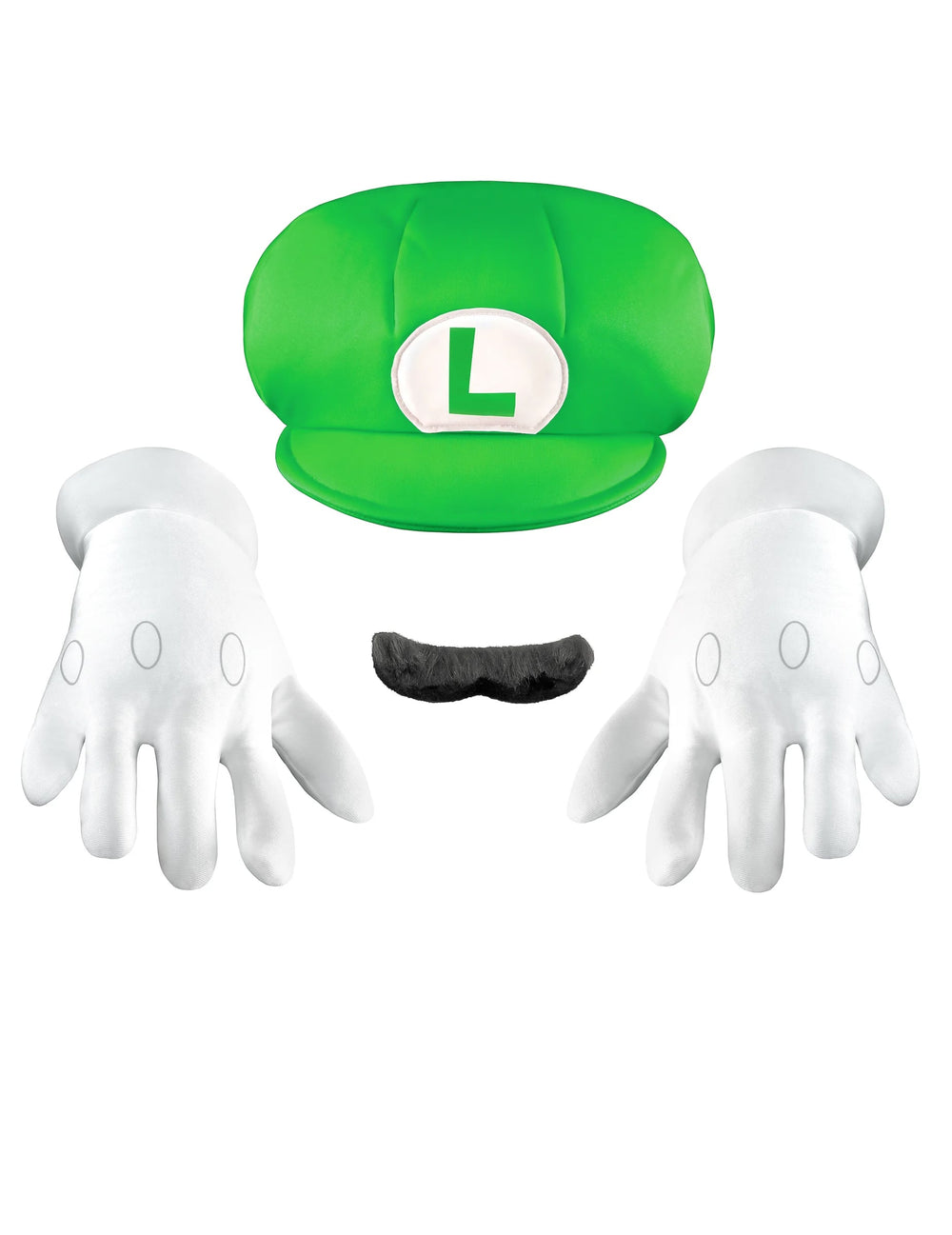 Vue d'ensemble de la casquette de la moustache et des gants du set accessoires Luigi pour enfant