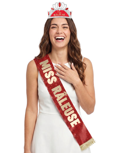 Set d'accessoires miss râleuse pour femme rouge et or avec écharpe et diadème