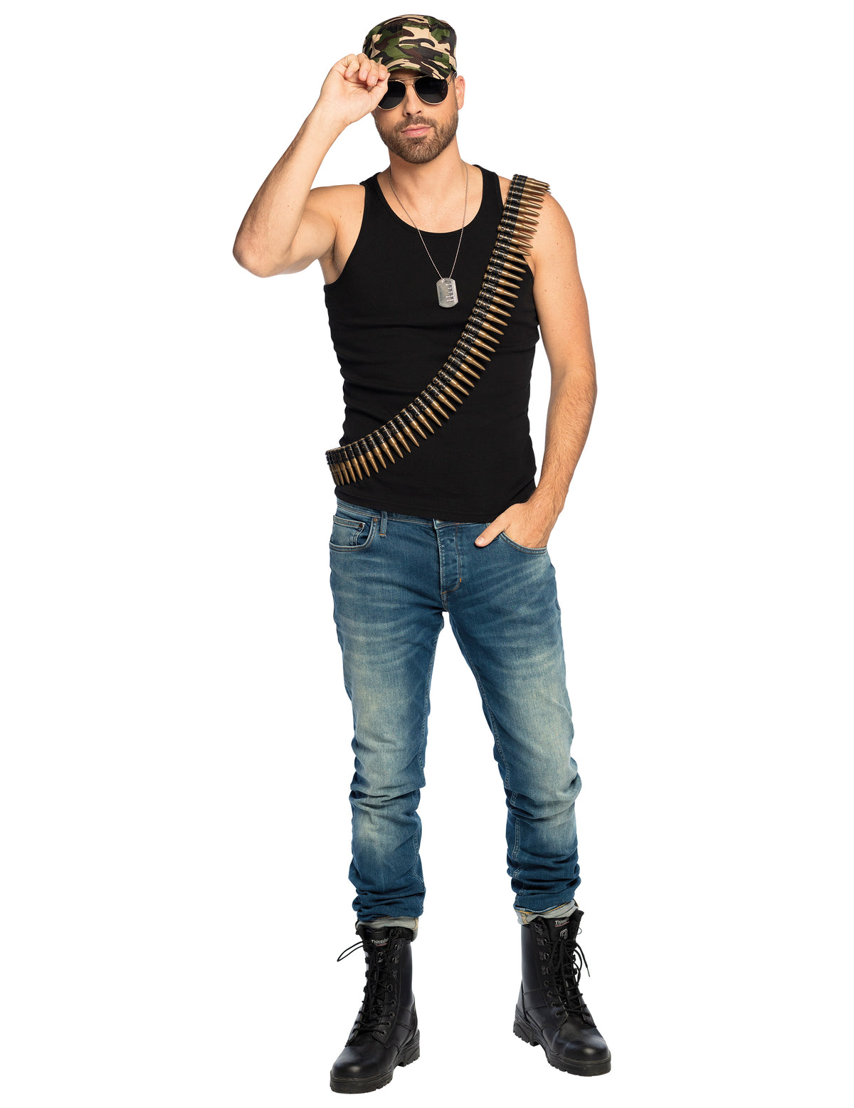 Set accessoires soldat militaire pour adulte avec casquette camouflage et ceinture de munitions