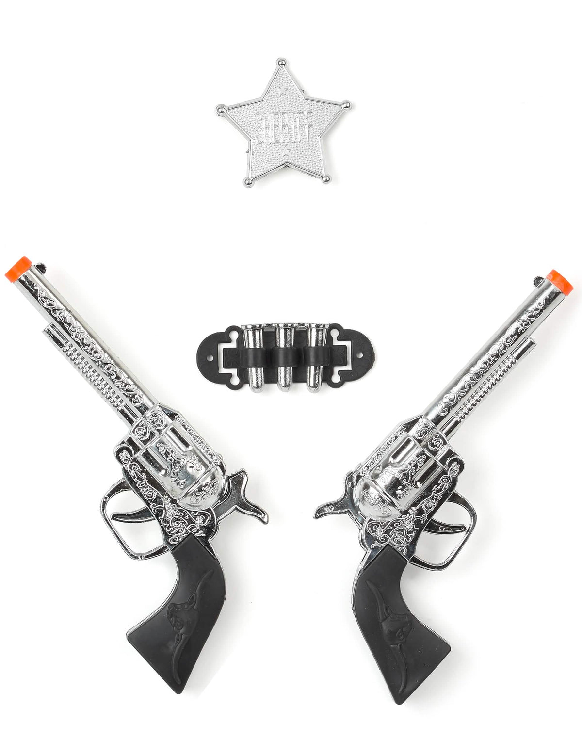 Sada 2 plastových kovbojských pistolí pro dítě stříbrná s hvězda šerifa