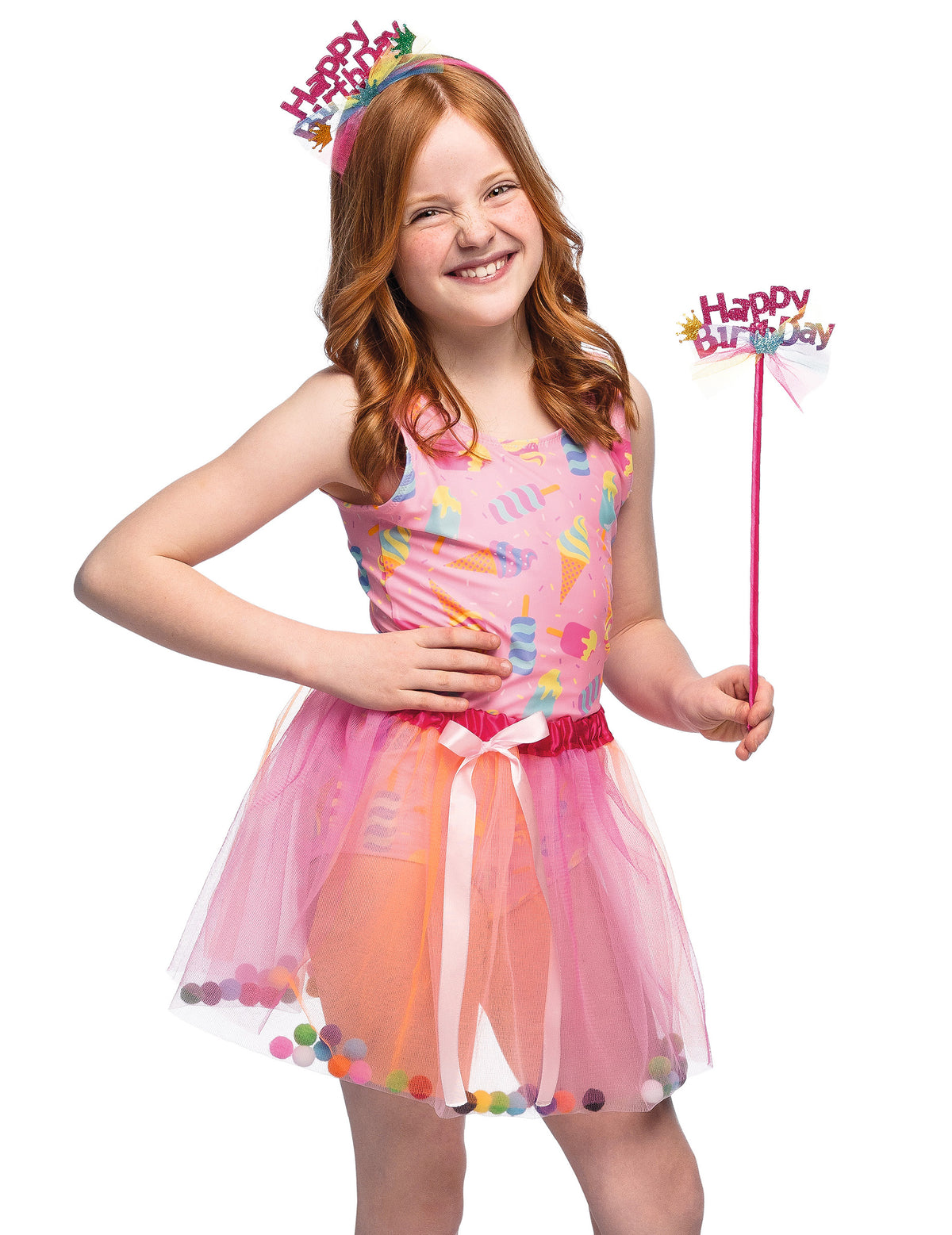 Set de fée Happy Birthday pour fille rose avec serre-tête et baguette
