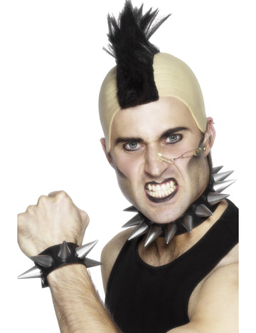 Set punk pour adulte noir avec crête et bijoux à pointes argentées