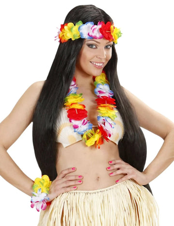 Set Hawaï pour femme multicolore luxe avec collier et couronne de fleurs