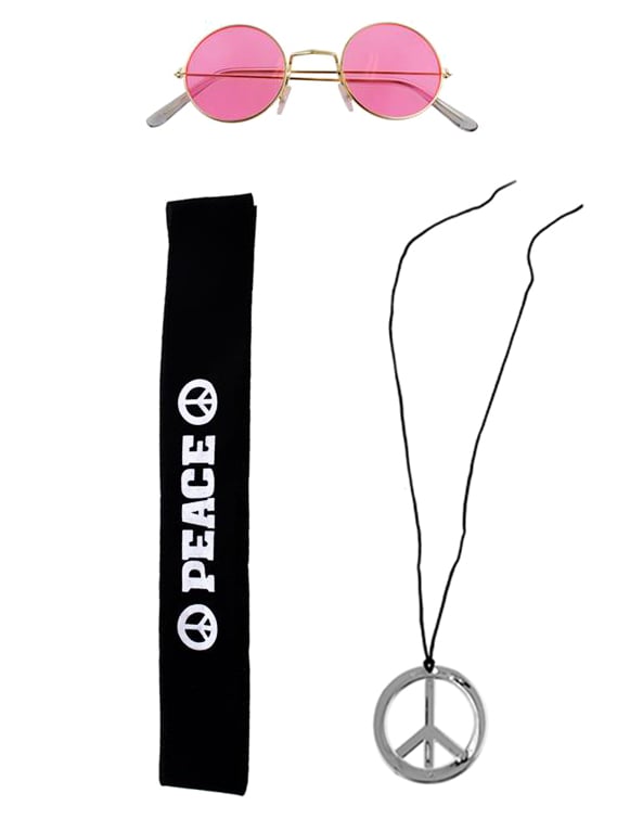 Set d'accessoires hippie pour adulte avec lunettes roses, bandeau noir et collier argenté