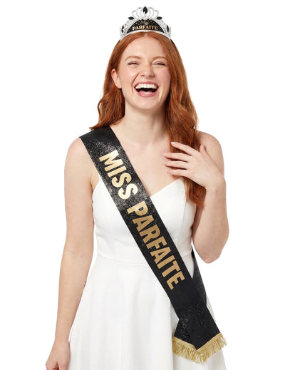 Set šála a diadém Miss Parfaite pro ženu černá a zlatá
