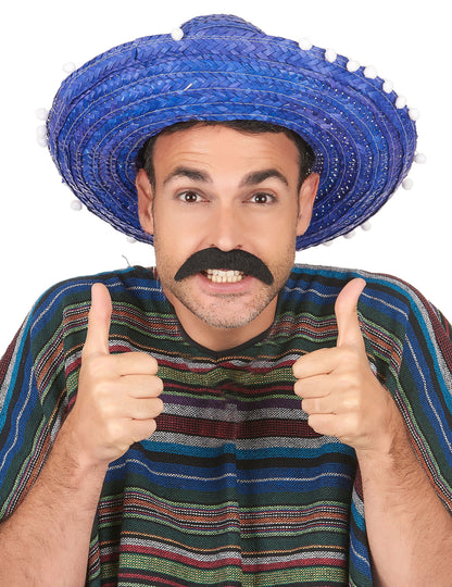 Sombrero bleu à bordure pompons pour adulte bleu et blanc
