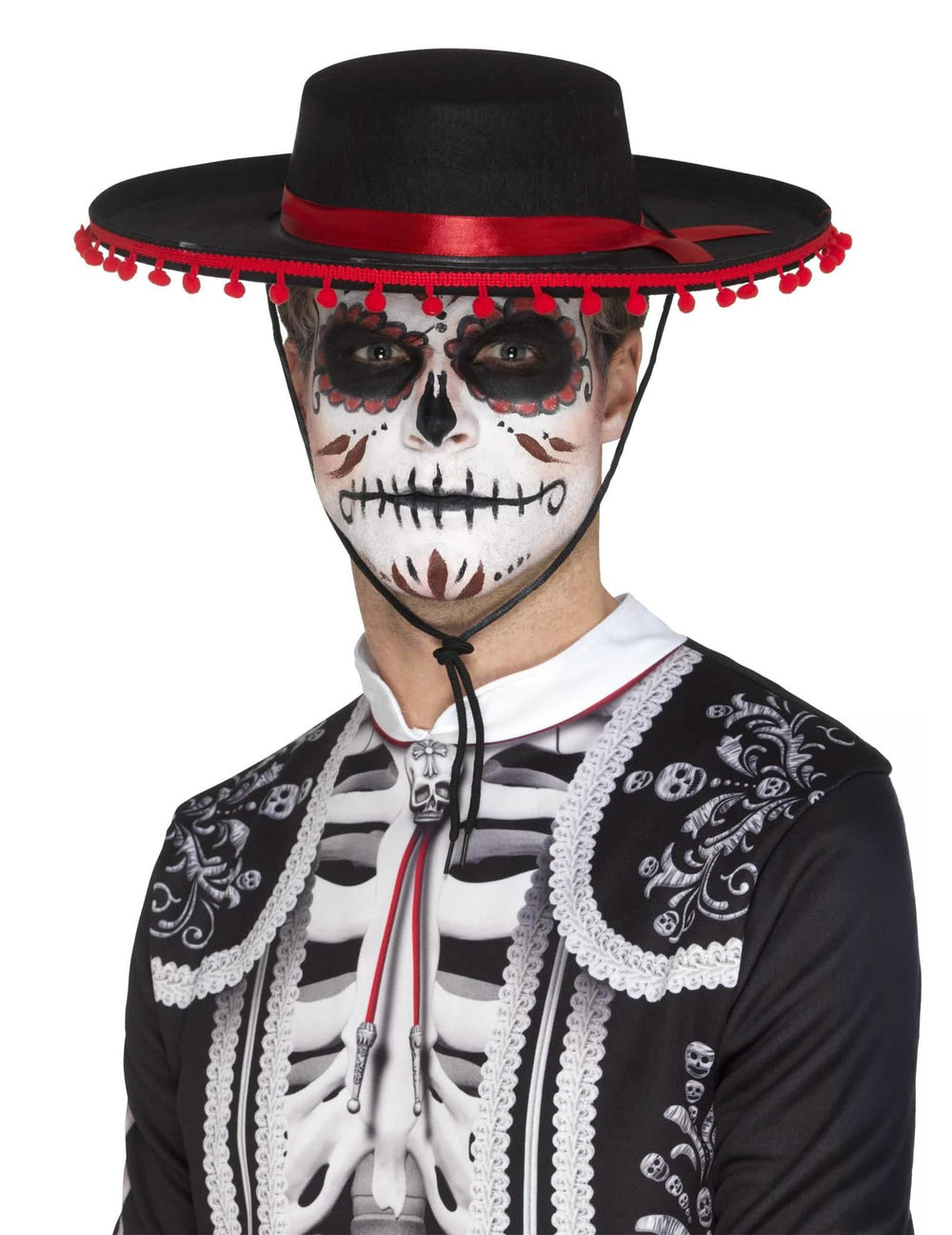 Černý sombrero Día de los Muertos pro dospělý s červenou stuhou a červenými pompony