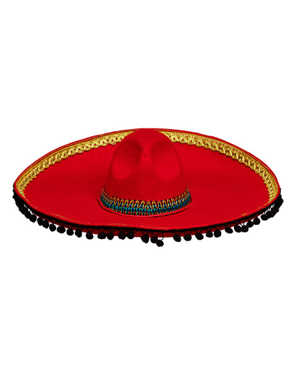 Sombrero mexicain deluxe pour adulte rouge à pompons noirs et dorés