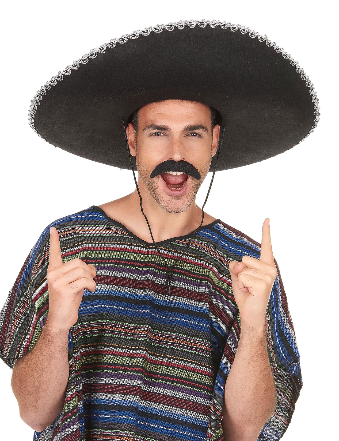 Mise en situation avec moustache du Sombrero pour adulte noir avec bordure argentée