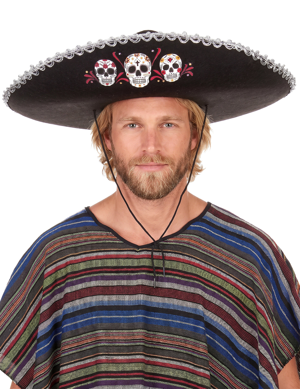 Černá Dia de Los Muertos Sombrero se stříbrným povrchem pro dospělé
