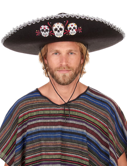 Černá Dia de Los Muertos Sombrero se stříbrným povrchem pro dospělé