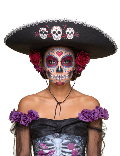 Černá Dia de Los Muertos Sombrero se stříbrným povrchem pro dospělé