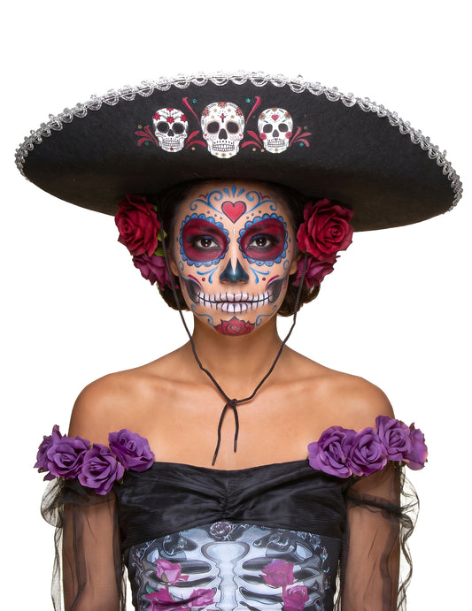 Černá Dia de Los Muertos Sombrero se stříbrným povrchem pro dospělé