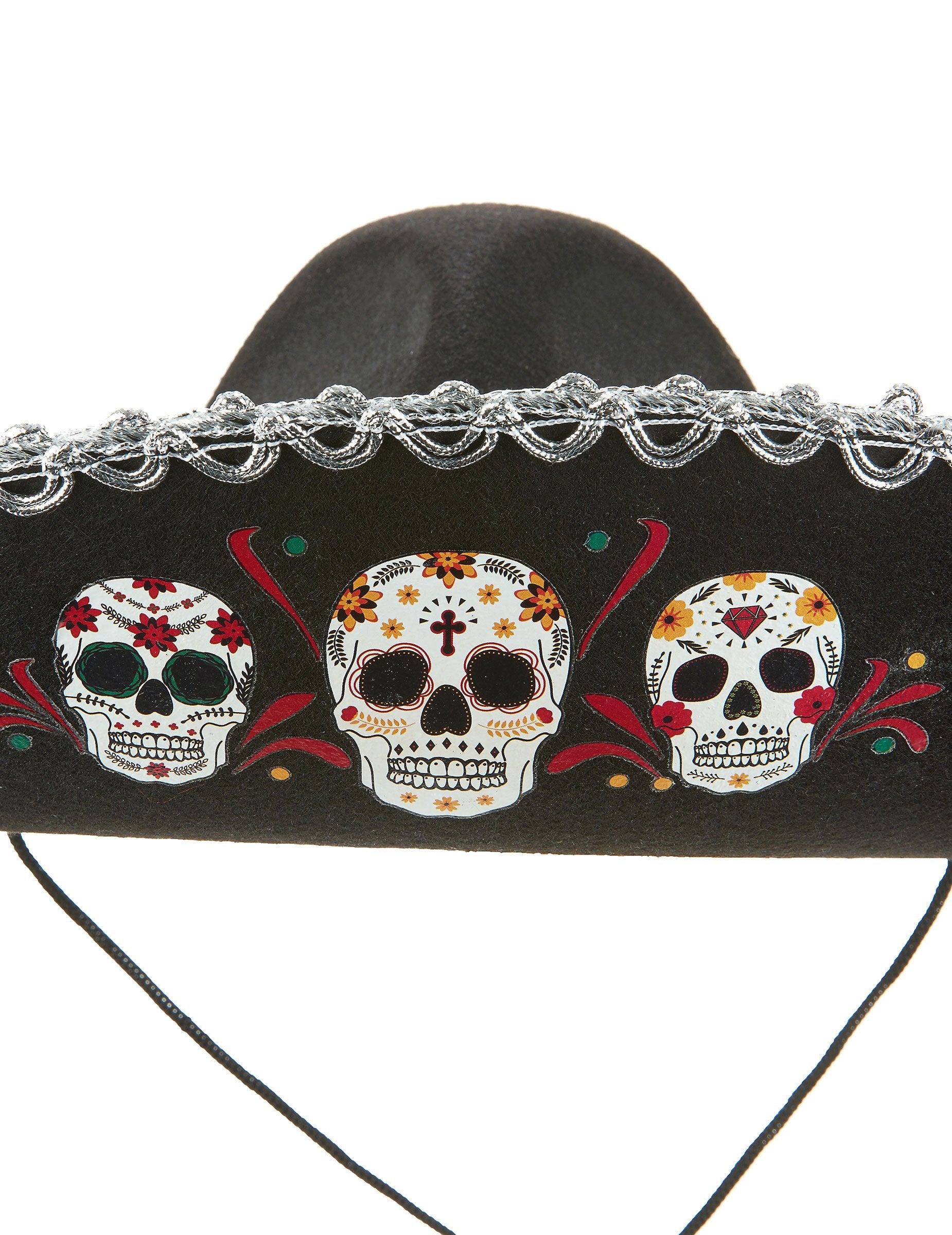Détail des motifs de têtes de mort du sombrero Dia de Los Muertos