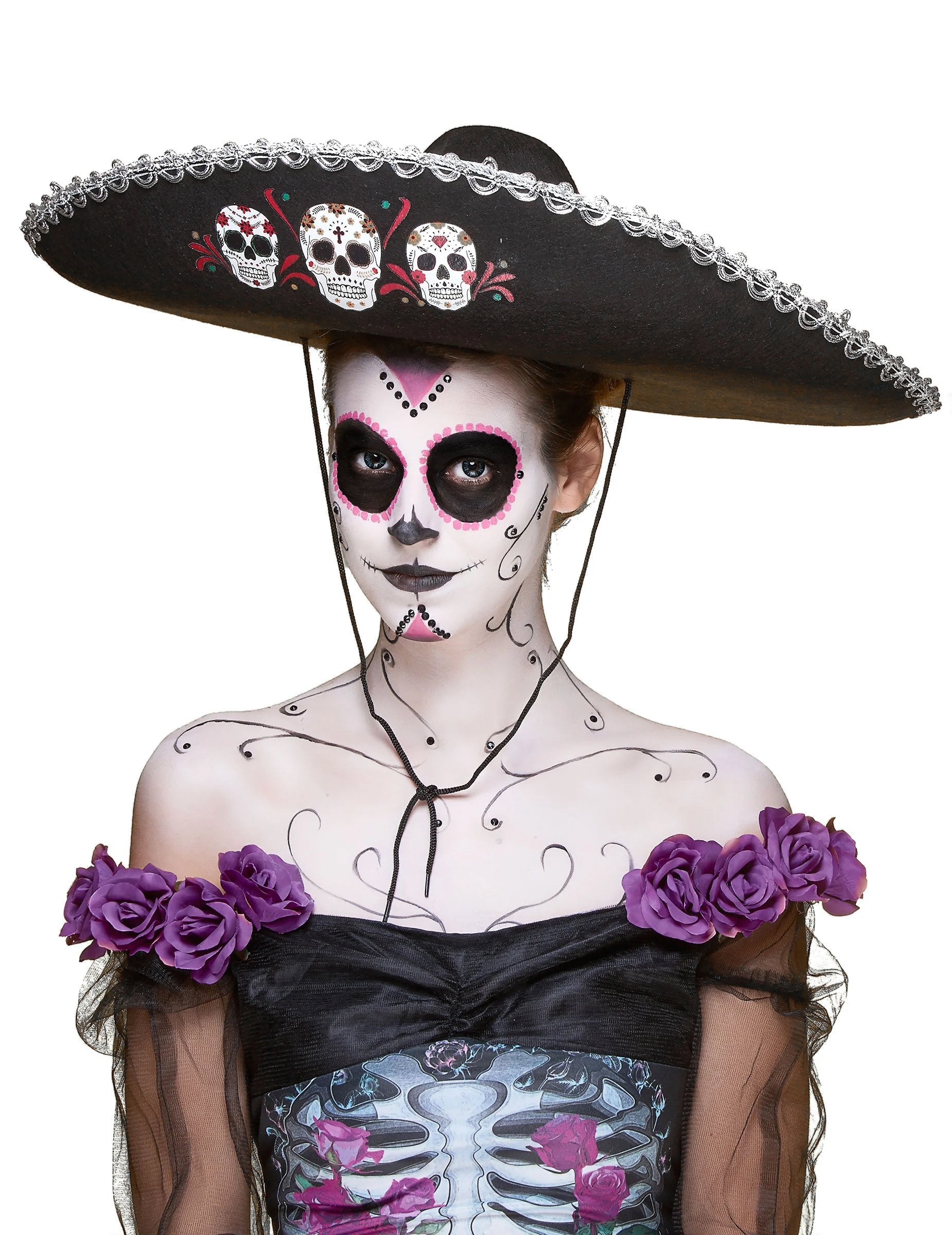 Sombrero Dia de Los Muertos pour adulte noir avec finitions argentées