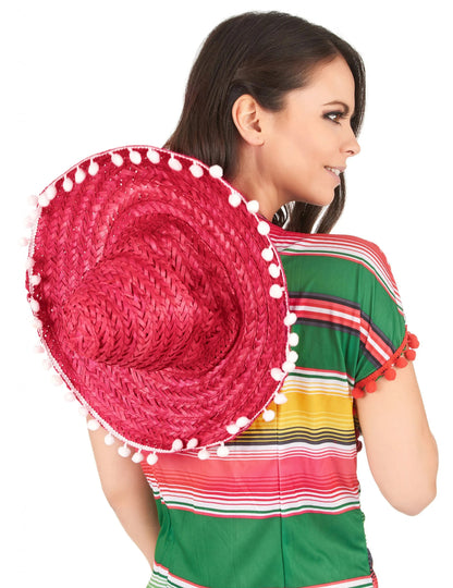 Vue de dos du Sombrero pour adulte rouge à bordure pompons