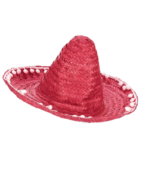 Boční pohled na červené dospělý sombrero s bílou bordurou s pompony