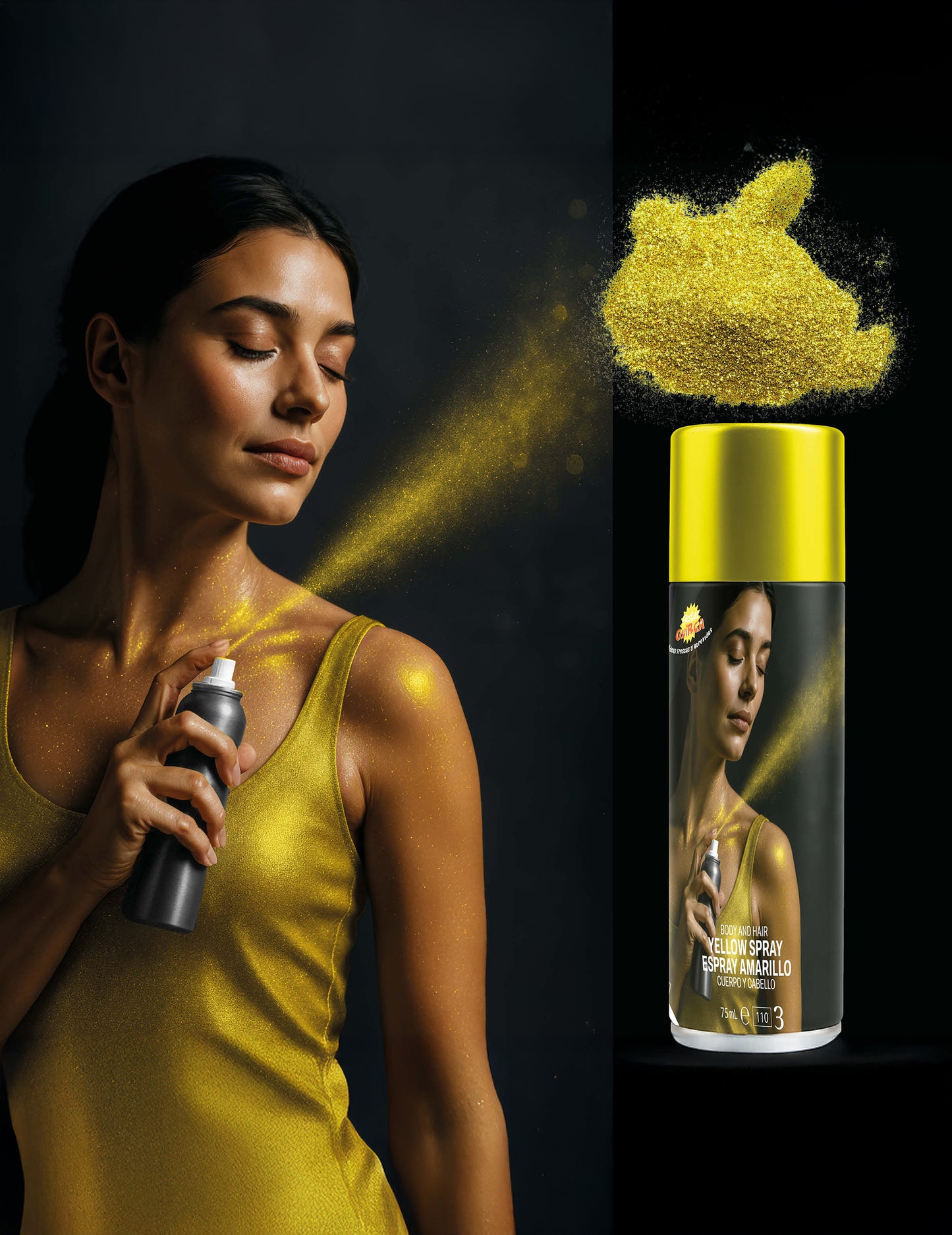 Gelbes Körperglitzerspray 75 ml