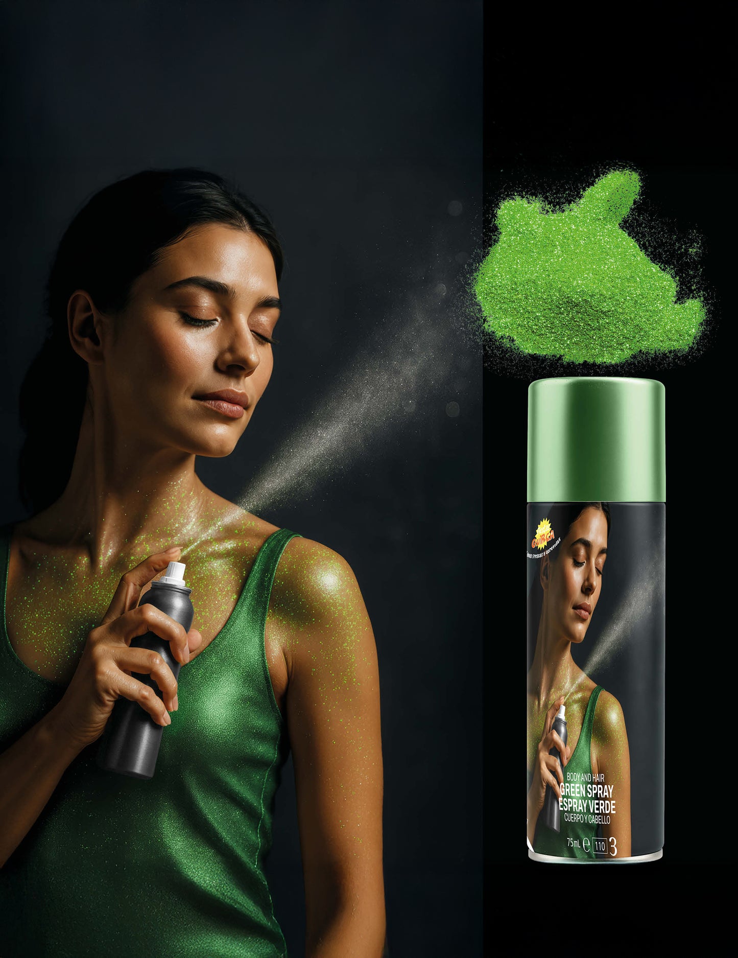 Mise en situation de l'application du spray à paillettes pour le corps pour adulte vert