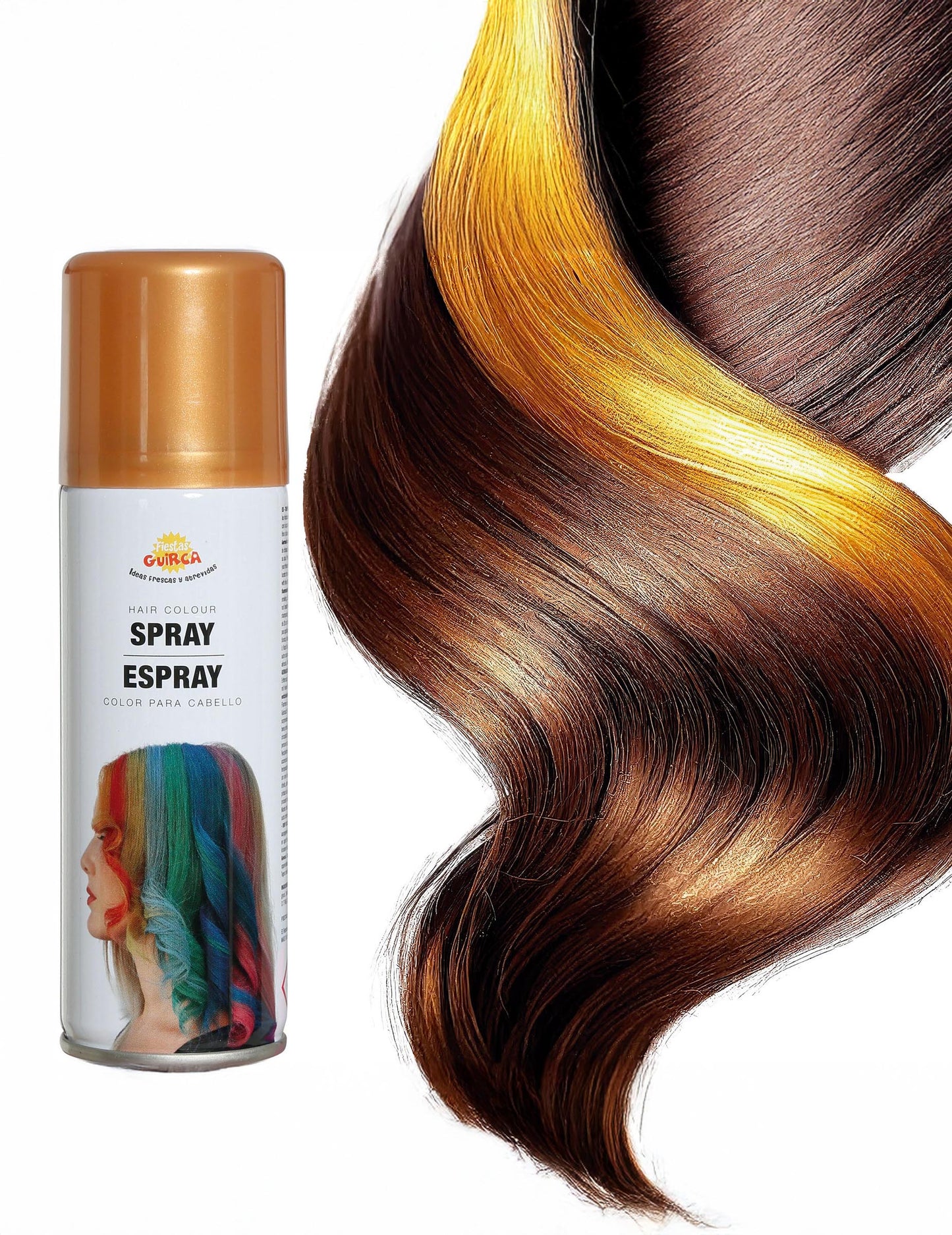 Detail zobrazení zlaté barvy na pramenu ze spreje na vlasy